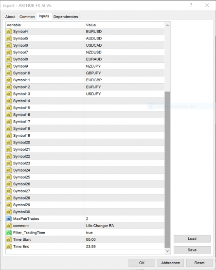 Arthur FX AI V6 EA Einstellungen